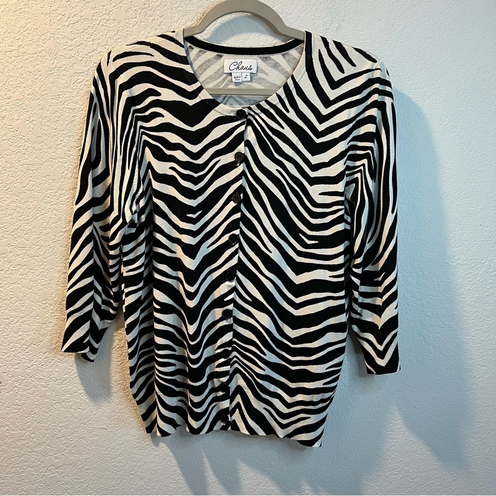 Women’s Chaus black zebra striped button up cardigan sweater size large L